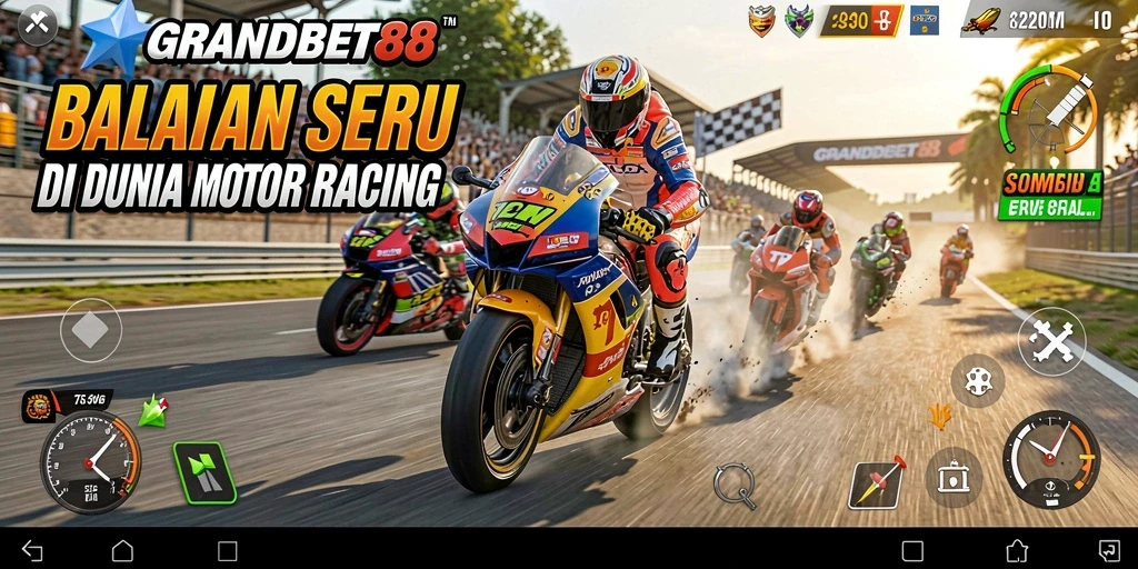 Tampilan gameplay seru di GRANDBET88 dengan lintasan menantang dan mobil cepat.
