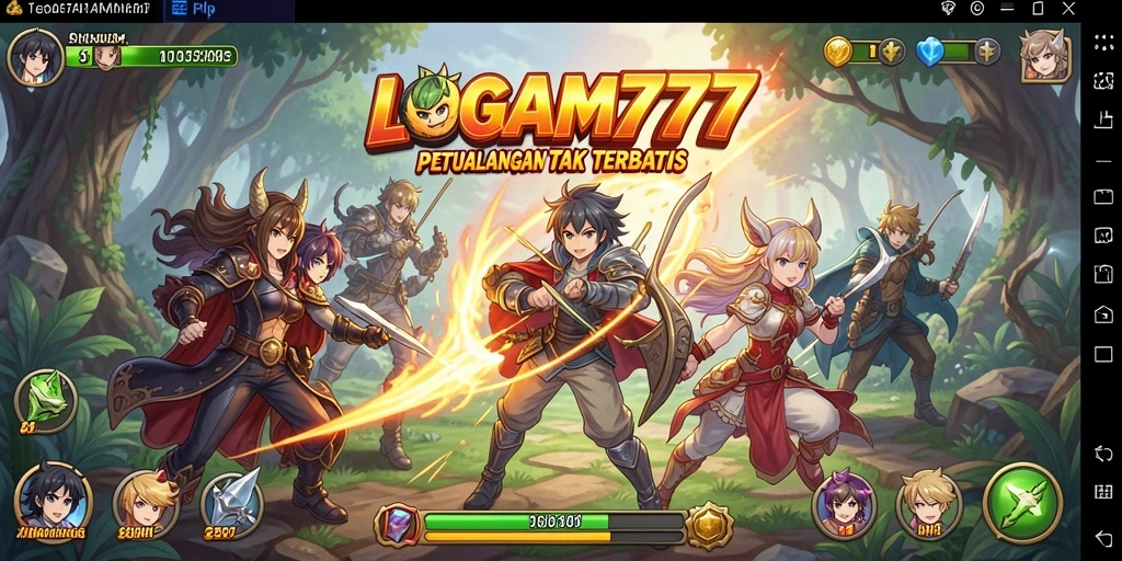 Screenshot LOGAM777 menampilkan karakter anime yang sedang bertempur dengan latar belakang yang menakjubkan.