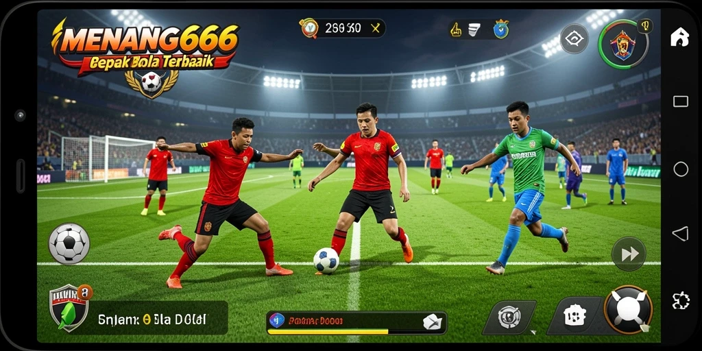 Screenshot menunjukkan aksi intens dalam pertandingan sepak bola di MENANG666.
