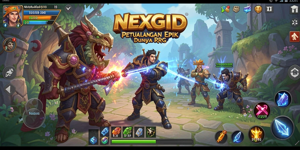 Screenshot menampilkan pertempuran epik di dunia fantasi NEXGID.