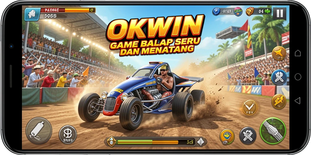Tampilan gameplay seru dari OKWIN dengan aksi balapan yang mendebarkan.