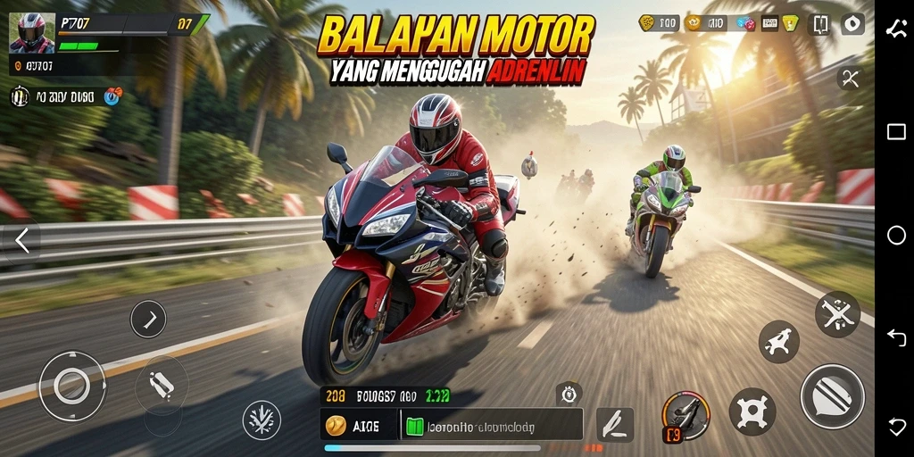 Screenshot gameplay PT707 menampilkan balapan motor yang seru dan penuh aksi.