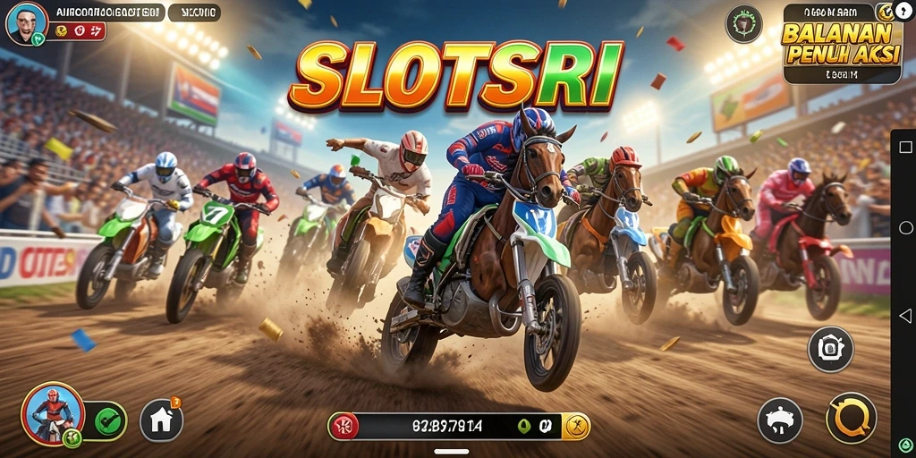 Screenshot gameplay SLOTSRI menunjukkan aksi balapan yang mendebarkan.