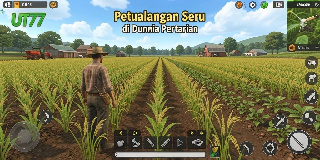 Tampilan gameplay UT77 yang menampilkan kebun subur dan hewan ternak yang ceria.