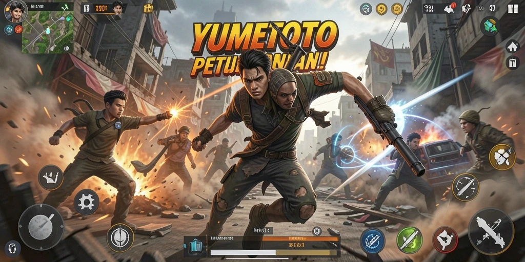 Tangkapan layar utama YUMETOTO menampilkan momen aksi penuh ketegangan.